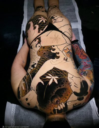 Japanese inspired tattoo with bright colors